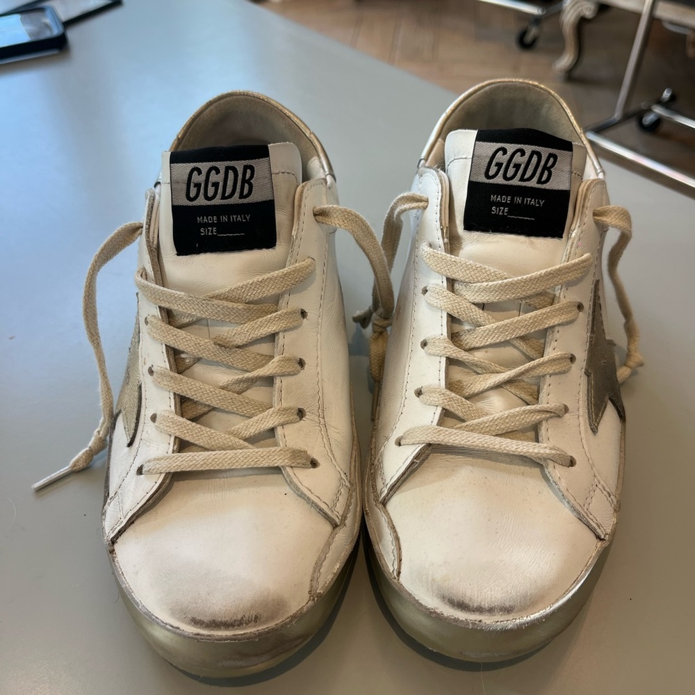 Golden Goose Women’s Super-Star with gold sparkle foxing & metal stud lettering